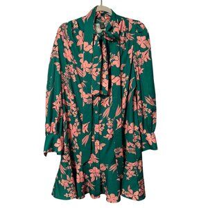 Shein Green & Pink Floral Bow Tie Collar Long Sleeve Dress Size XL